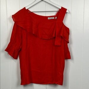 Patrizia Luca Womens Blouse L Orange One Cold Shoulder Flutter Sleeves Ruffle